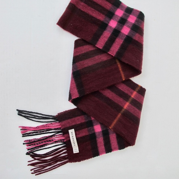 Burberry Scarf Rare Raspberry Cashmere Plaid Skinny Long Fringe made in Scotland - Picture 1 of 5